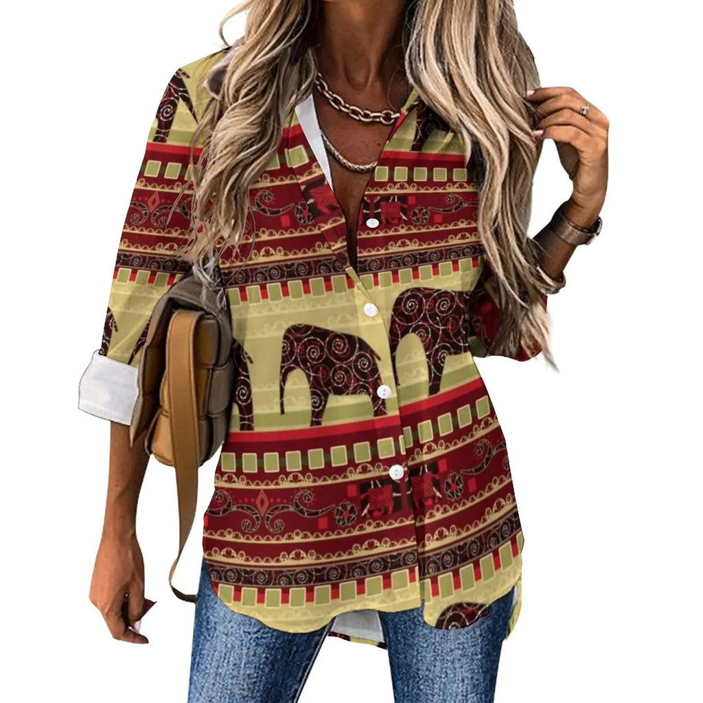Indian Elephant Art Casual Blouse Spring Autumn Long Sleeve Colorful Floral Print Cool Blouses Woman Basic Shirt Graphic Clothes