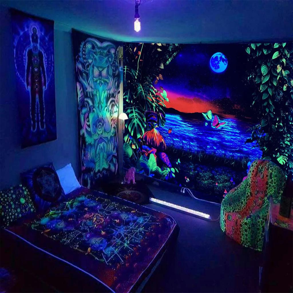 Hug Skull Fluorescent Black Light Tapestry Aesthetic Wall Hanging Hippie  for Bedroom Independent Room Decoration