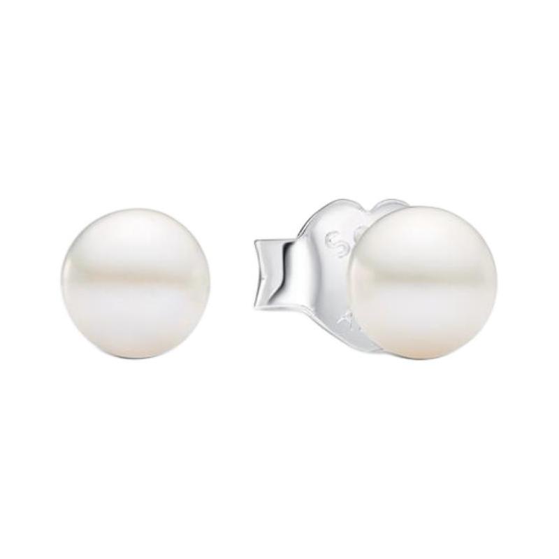 Pandora Logo design Freshwater Pearl Sterling Silver Stud Earrings Unisex Couple Style White 293168C01