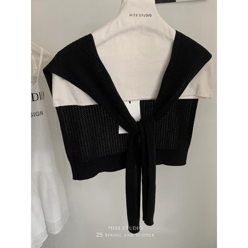 Solid color knitted small shawl fashionable versatile hollow high-end atmosphere white temperament outer small shawl