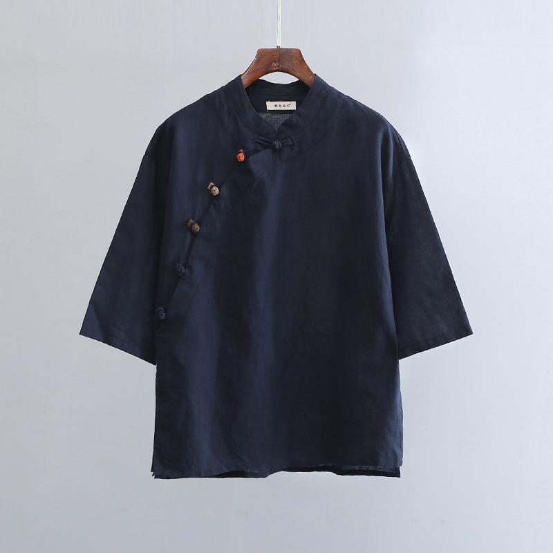 2025 Summer Women's Retro Cotton Linen Stand Collar Color Block Short Sleeve Top for Tea Ceremonies