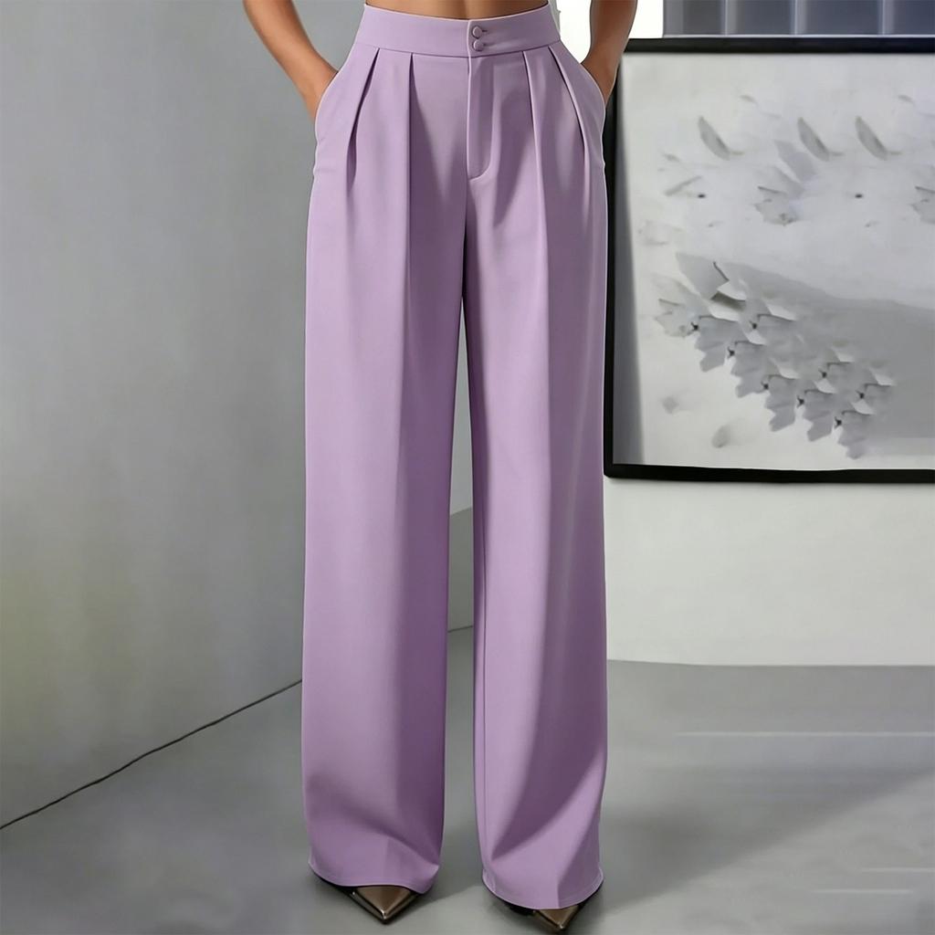Women's High Waisted Straight Leg Dress Pants with Pockets, Elastic Waist Button Closure Loose Fit Trousers for & Casual Wear