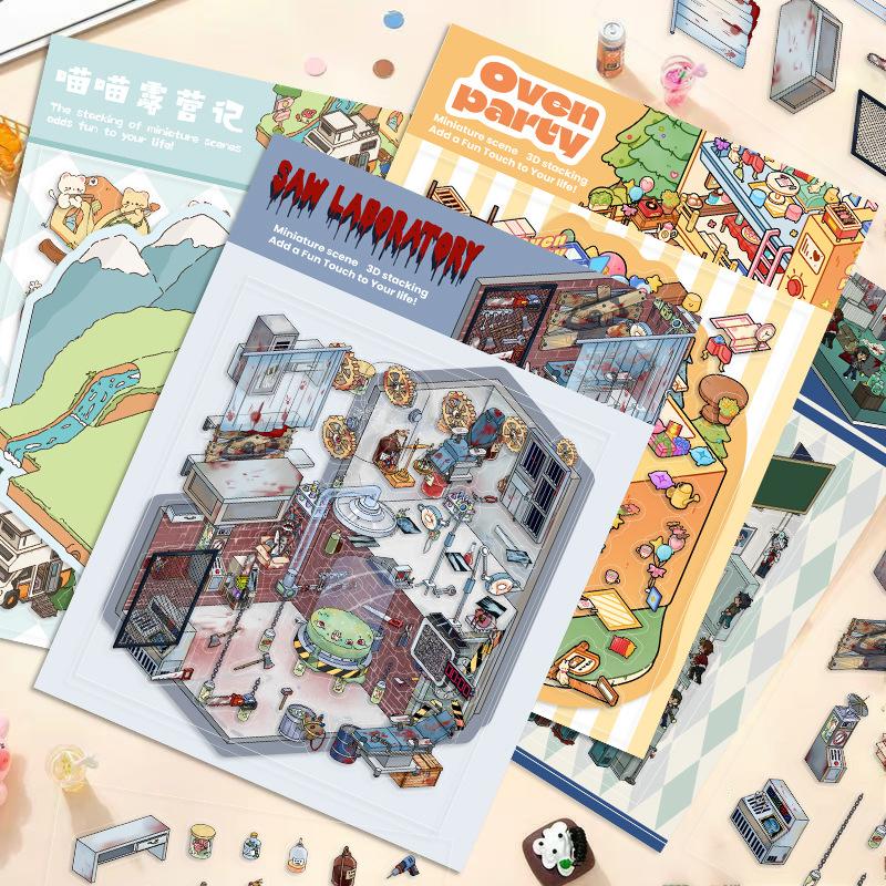 Kreskówkowy Naklejka Krajobraz Piła Łańcuchowa Szaleństwo Laboratorium Miniaturowy Świat 3D Trójwymiarowa Chata Dekompresja DIY Scena Manual