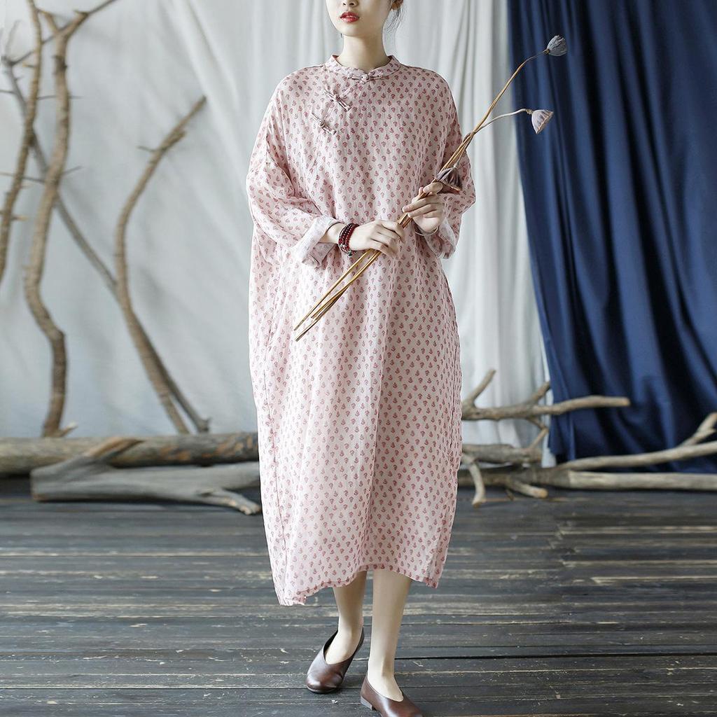 Johnature נשים בסגנון סיני ורוד הדפס פרחוני שמלה סטנד גלימות כפתור שרוול ארוך סתיו ראמי שמלה רופפת