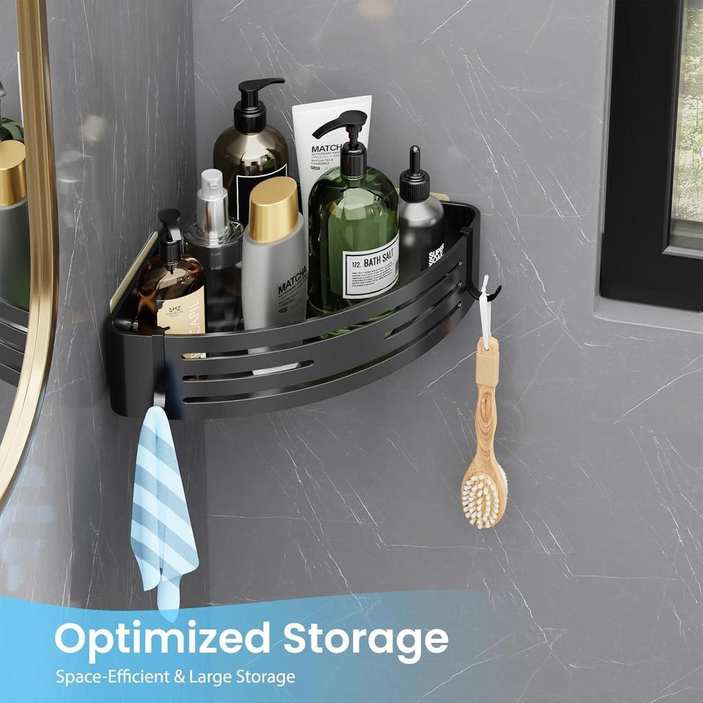 Bathroom Corner Shelf | Self Adhesive Stainless Steel Corner Shelf for Bathroom | Bathroom Organiser Without Drill with 2 Hooks