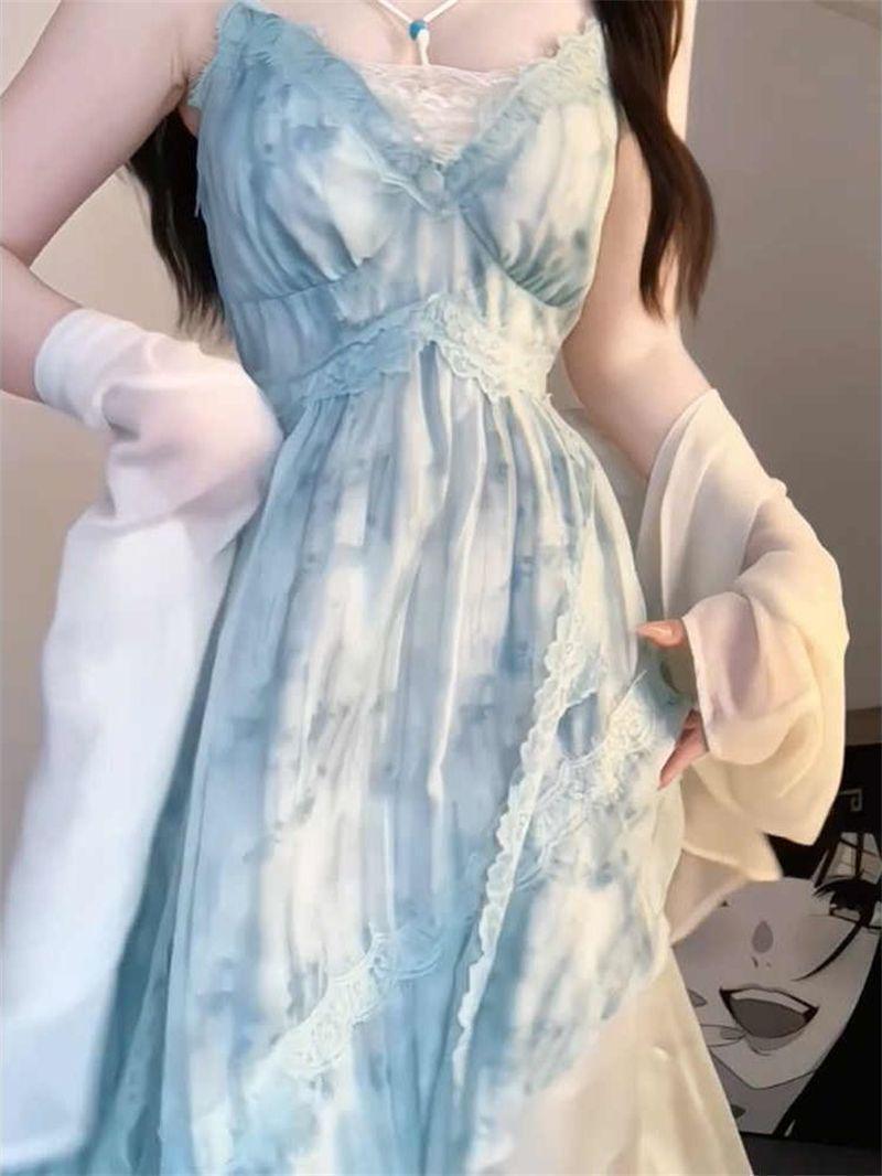 

Женский комплект: слегка свободное платье-майка с кружевной отделкой tie-dye и кардиган для защиты от солнца 3XL (for 160-180 jin)