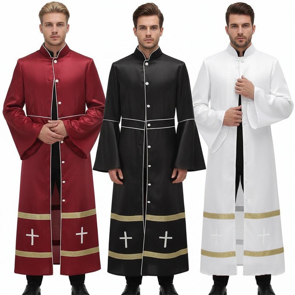 Medieval Robe With Cross Embroidery And Gold Trim Vintage Knee-length Coat Church Godfather Priest Costume Halloween Costume
