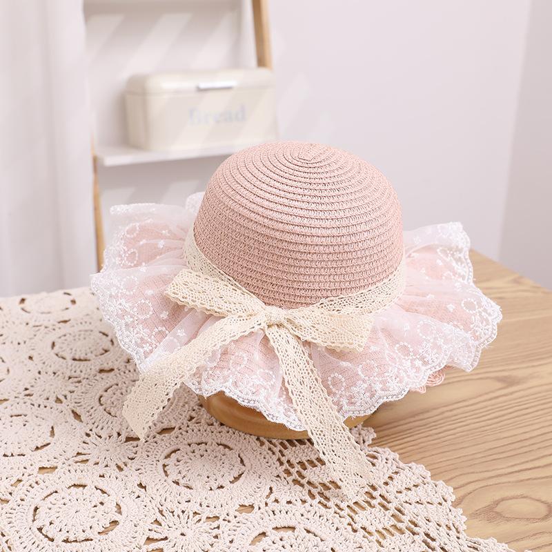 New children's straw hat, girls' summer eaves lace edge straw, breathable streamer bow sunscreen visor