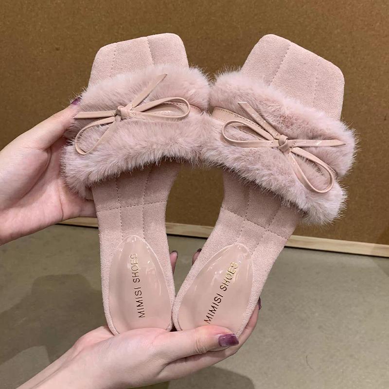 Fashion Bow Women Flats Slippers Fur Fashion Shoes Winter Short Plush Designer Cozy Woman Shoes 2025 Luxury New Dress Mujer De Boots