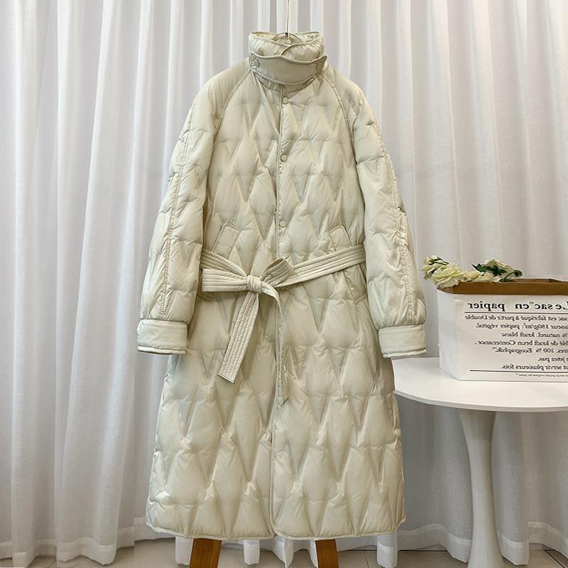new stand-up collar light down jacket women's niche versatile pressure glue foreign style long knee waist diamond belt