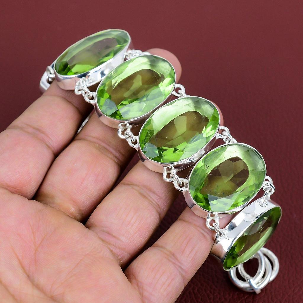 Faceted green amethyst bracelet 925 sterling silver bracelet adjustable chain bracelet real gemstone bracelet handmade jewelry gifts for him