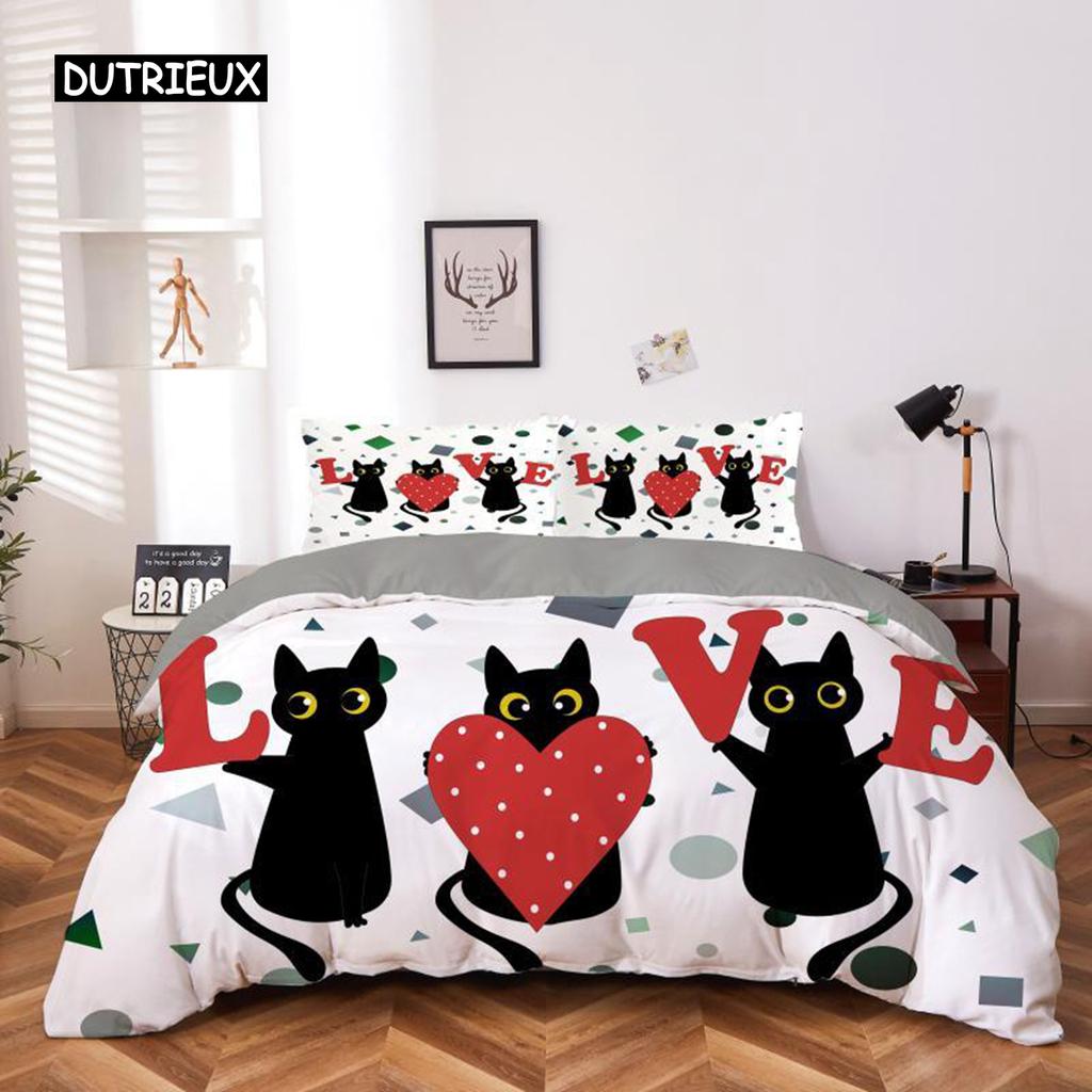 Cartoon Katze Bettbezug Set Mikrofaser Schwarzes Kätzchen Gelbes Liebesherz Muster Bettwäsche Set 2/3-teilig Queen King Size Bettdeckenbezug