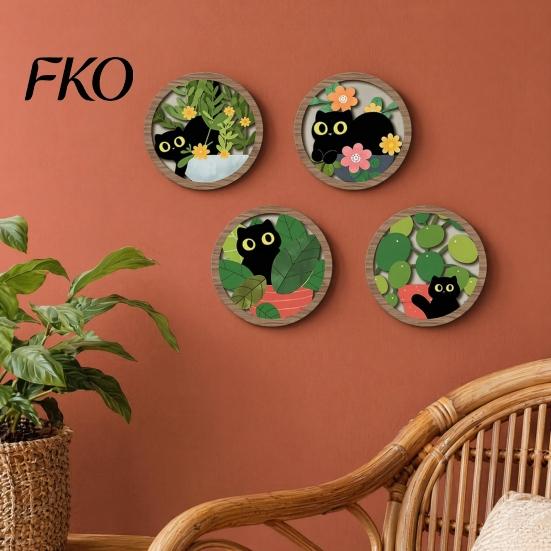 Retro Black Cat Wall Piece 4PCS Sign, with Warm Grain Texture Wood Art, Scratch-Resistant Rounded Corner Wooden Art Home Decor, Nordic Style