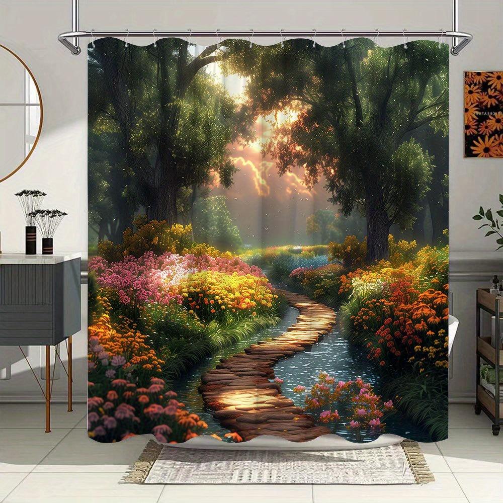 

1Pc Sunlit Garden Path Bath Curtain - Vibrant Pink Yellow Orange Blooms, Stone Slab Walkway & Reflective Pond Design, Dawn Dusk W60H190(CM)-1 Pcs