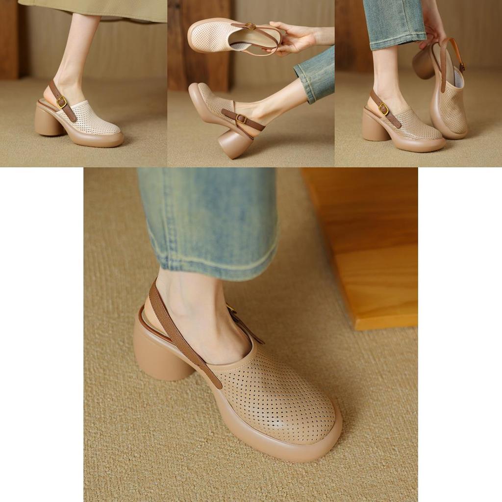 Sommer-Sandalen mit offenem Rücken für Damen mit dicker Sohle und runder Spitze aus Superfiber-Material für Freizeit