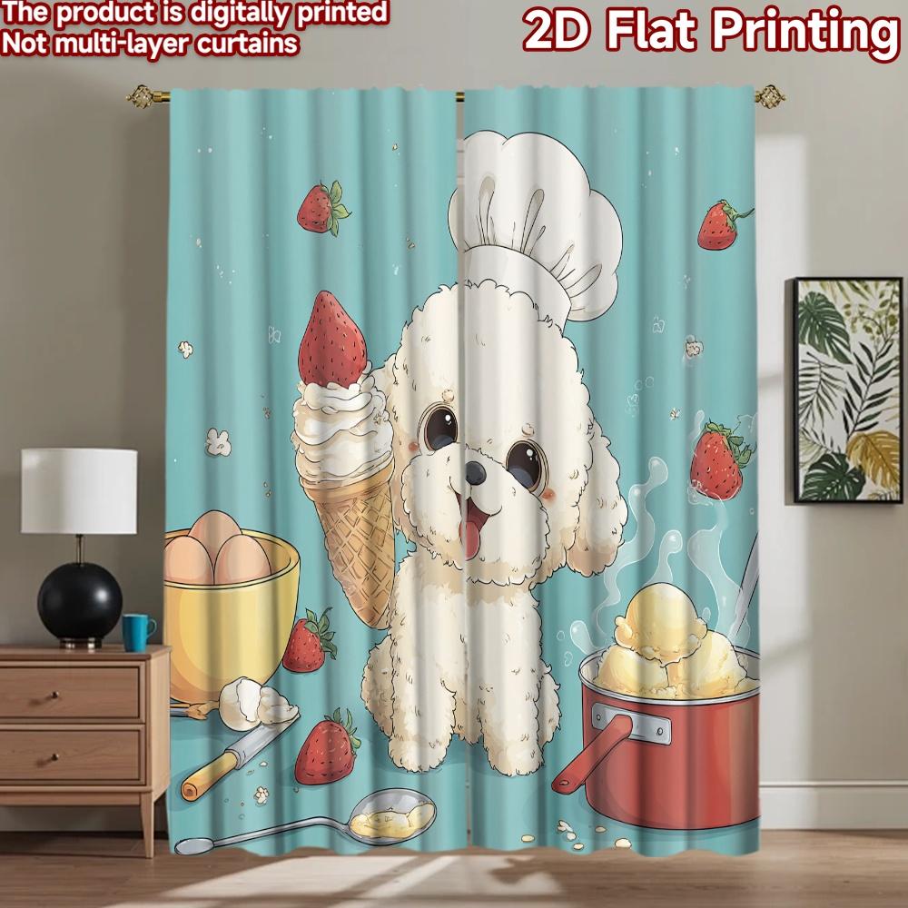 2D flat printing 2pcs Curtains Cute dog chef strawberry ice cream Digital Printed Polyester Drapes Family Party Decoration Use