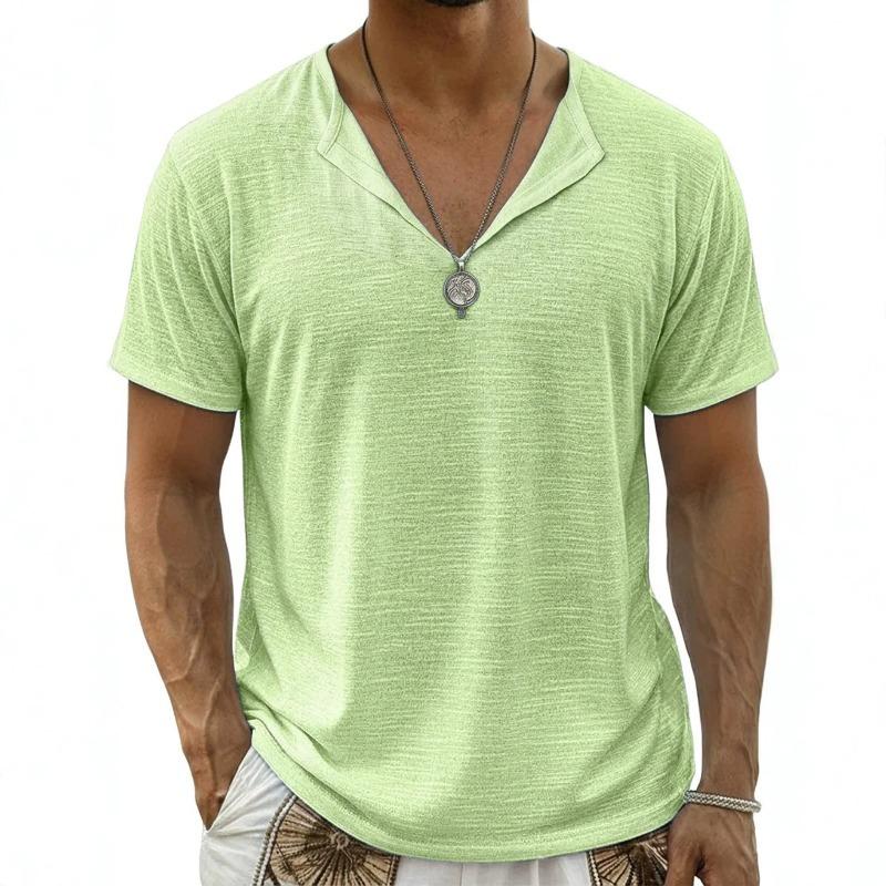Men V Neck Solid Color Loose Casual Short Sleeve Breathable T Shirt