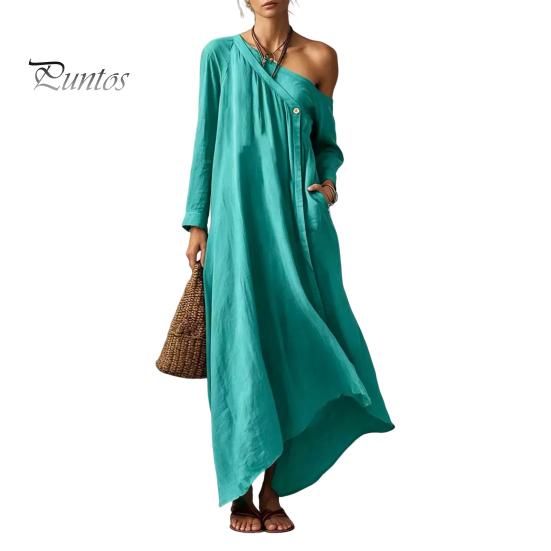 Mid-length Dress Summer Maxi for Women, Casual Loose One Shoulder Long Elegant Sleeve Dress, Flowy Beach Vacation Sundress wwith Pockets Versatile