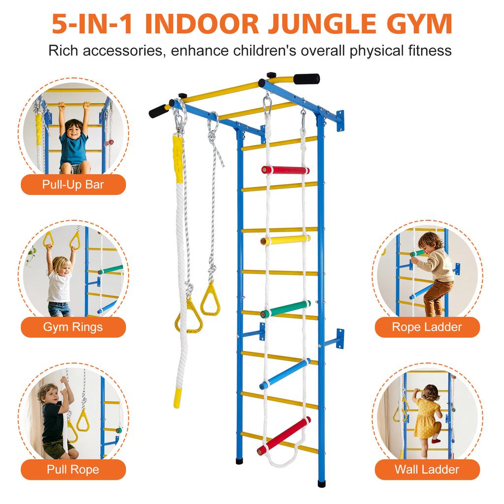 Giochi da Arrampicata 5 in 1 per Bambini Piccoli, Palestrina Indoor per Esercizio, Set Parete Scala in Acciaio con Sbarra per Trazioni, Corda, Anelli da Ginnastica, Regalo per Bambini e Bambine