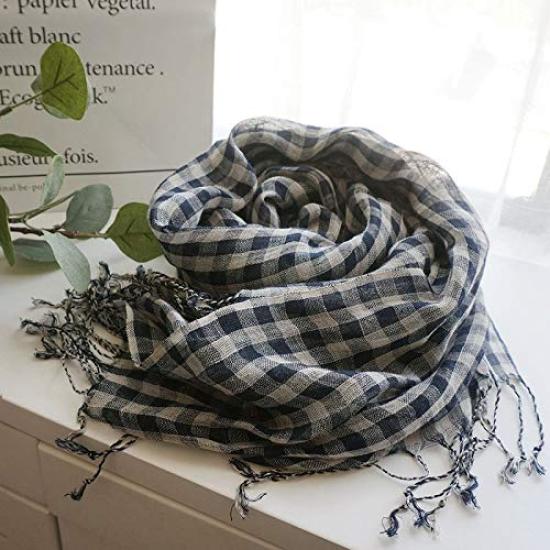 Linen Linen Linen Gingham Navy Blue and Pink [Dolly Para] Women's Scarf, Muffler, Stole, Check, (Navy Blue)