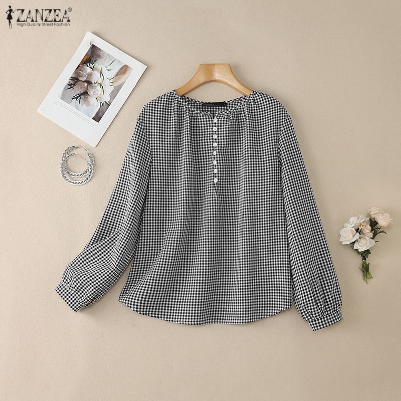 ZANZEA Women Casual Round Neck Long Sleeve Plaid Print Loose Blouse