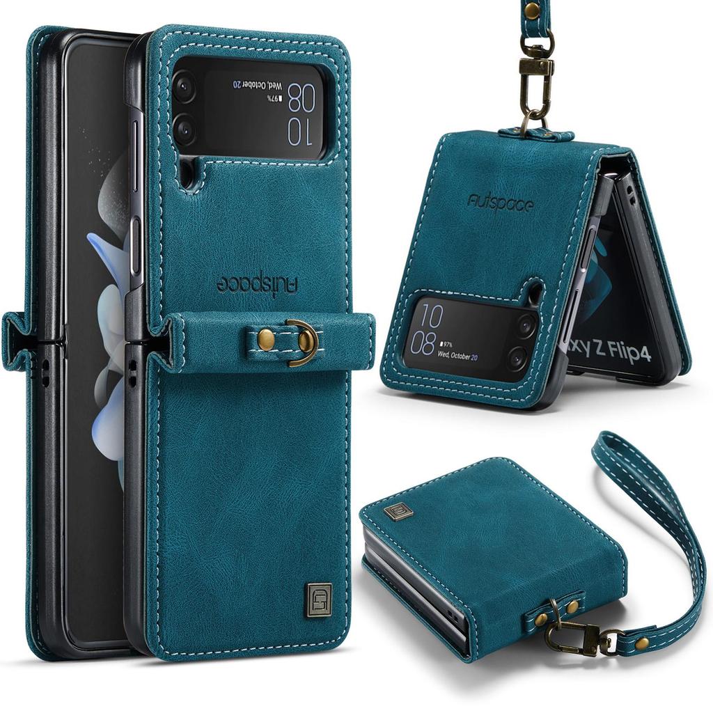 Étui à rabat pour Samsung Galaxy Z Flip 7 FE 6 4 5 5G Cuir PU Vintage Ultra Mince Dragonne Coque Arrière Rigide en PC Skin Cover Coque