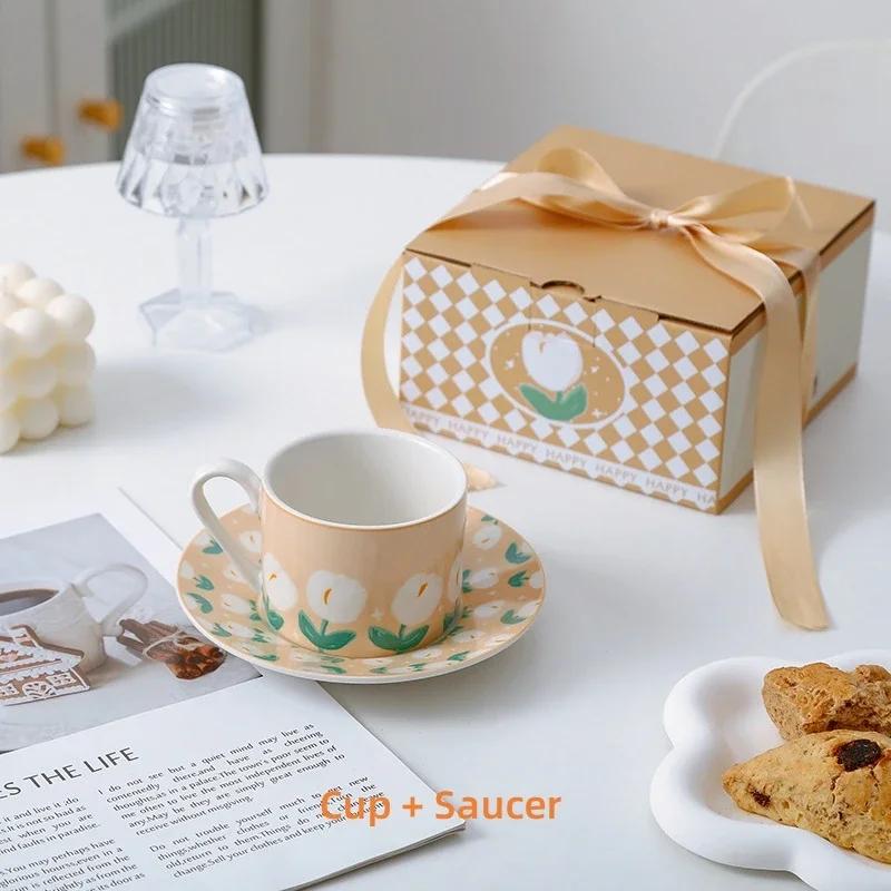Ceramic Cup and Saucer Tulip Pattern Afternoon Tea Coffee Cup Set Breakfast Dessert Plate Milk Juice Mug Home Decoration Gifts