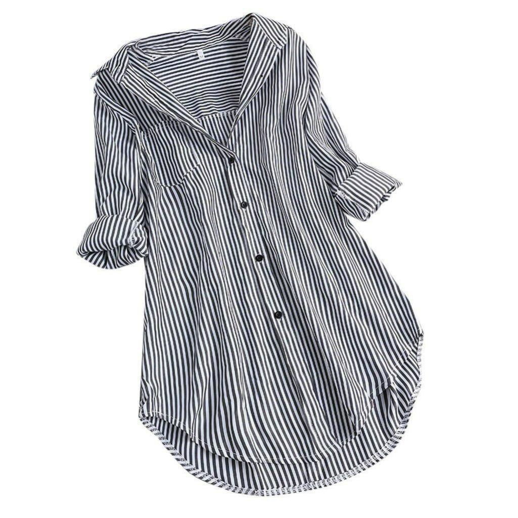 

Spring and Summer Chic Striped Long-sleeved Loose Shirt with Lower Collar Women XS чорний