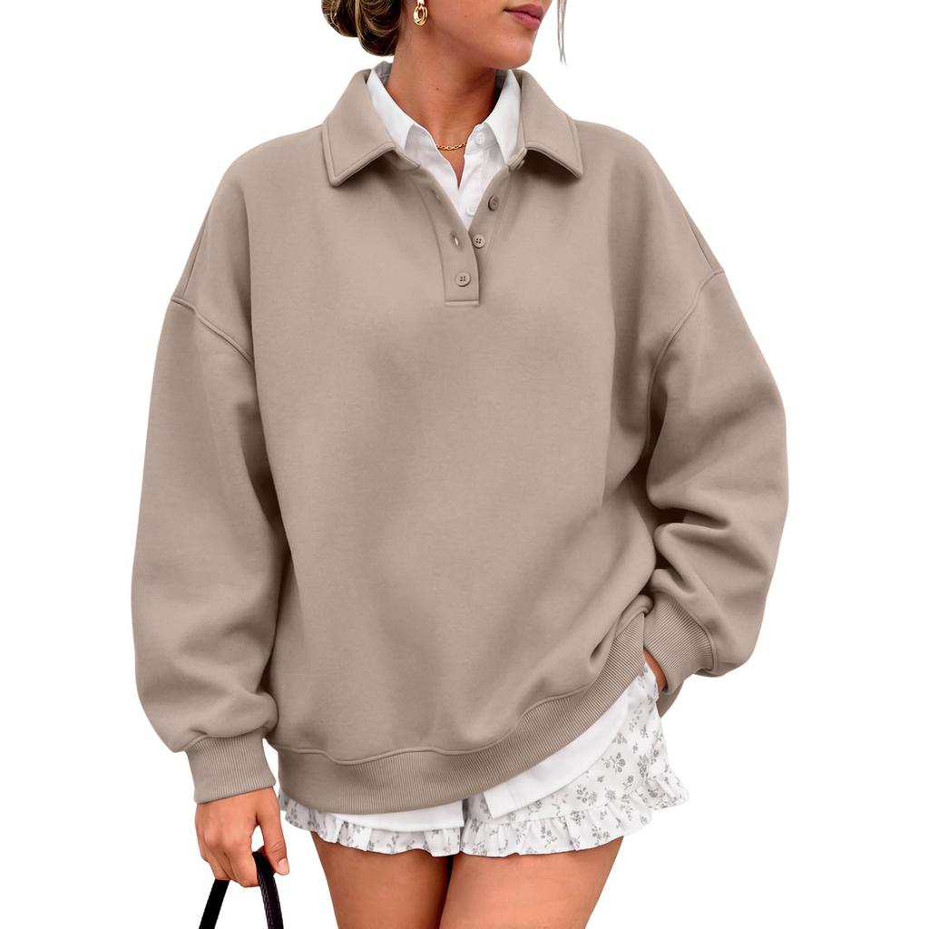 Women's Casual Loose Fit Button-Down Collar Long Sleeve Pullover Sweatshirt