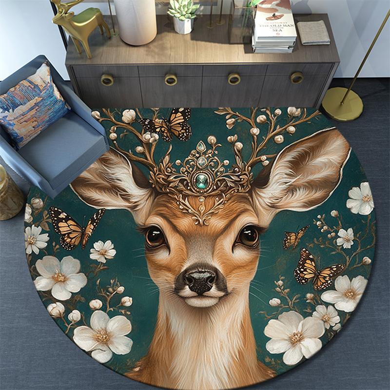 Deer with Flowers Round Area Rug,Carpet Rug for Living Room Bedroom Sofa Playroom Decor,Non-slip Floor Mat
