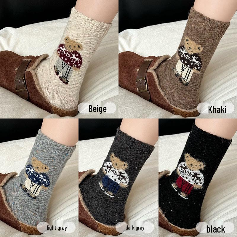 Women s Speckled Yarn Cute Bear Wool Socks, Warm Mid-Calf for Autumn/Winter хаки