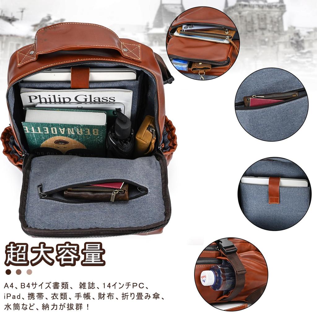 wifreo Genuine Leather Backpack for Men, Large Capacity, A4 Size, Fits 14-inch Laptop, Leather Backpack for Commuting, School, Business, Student,