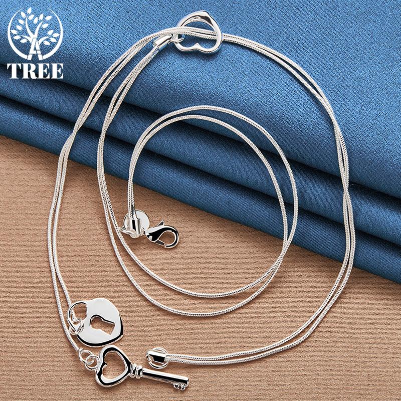 AliZero 925 Sterling Silver Key Heart Lock Necklace Snake Chain Women's Wedding Fashion Charm Jewelry