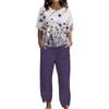 Women's Spring and Autumn Casual Suit Plant Flower Printing Fashion Crew Neck Short Sleeve Trousers Two-piece Set