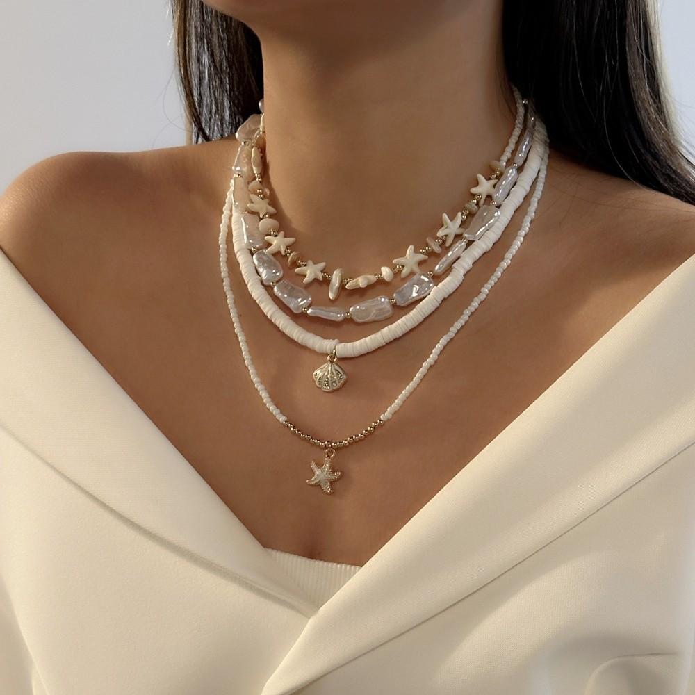 4 Stück/Set Vintage Boho Seestern Anhänger Halskette Imitation Perlen Schlüsselbein Kette Mehrschichtig Muschel Choker Schmuck