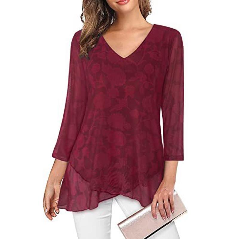 Summer New Seven Quarter Sleeve Casual Loose Shirts Women Asymmetrical V Neck Slim Print Elegant Blouse Women Fashion Lady Tops Plus Size Shirt 26490