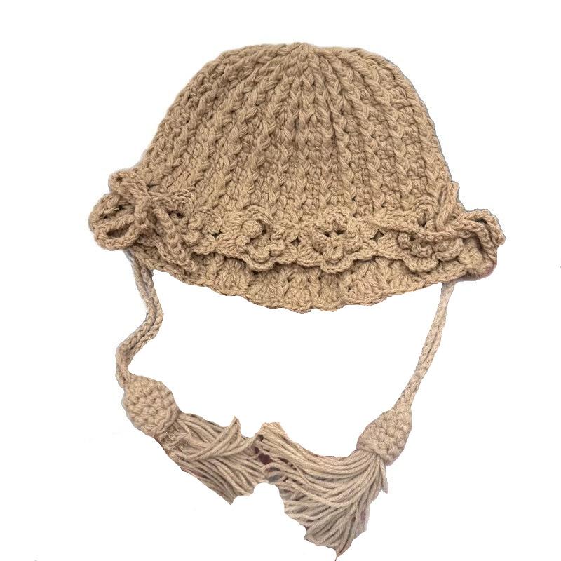 New Retro Flower Hand-woven Braided Wool Hat Women's Autumn and Winter Warm Lace Fringed Knitted Hat