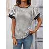 2026 Summer New Women's Casual Round Neck Patchwork Short Sleeve Striped T-Shirt