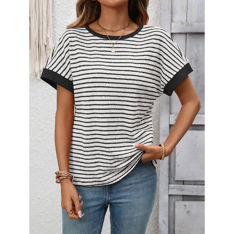 2026 Summer New Women's Casual Round Neck Patchwork Short Sleeve Striped T-Shirt
