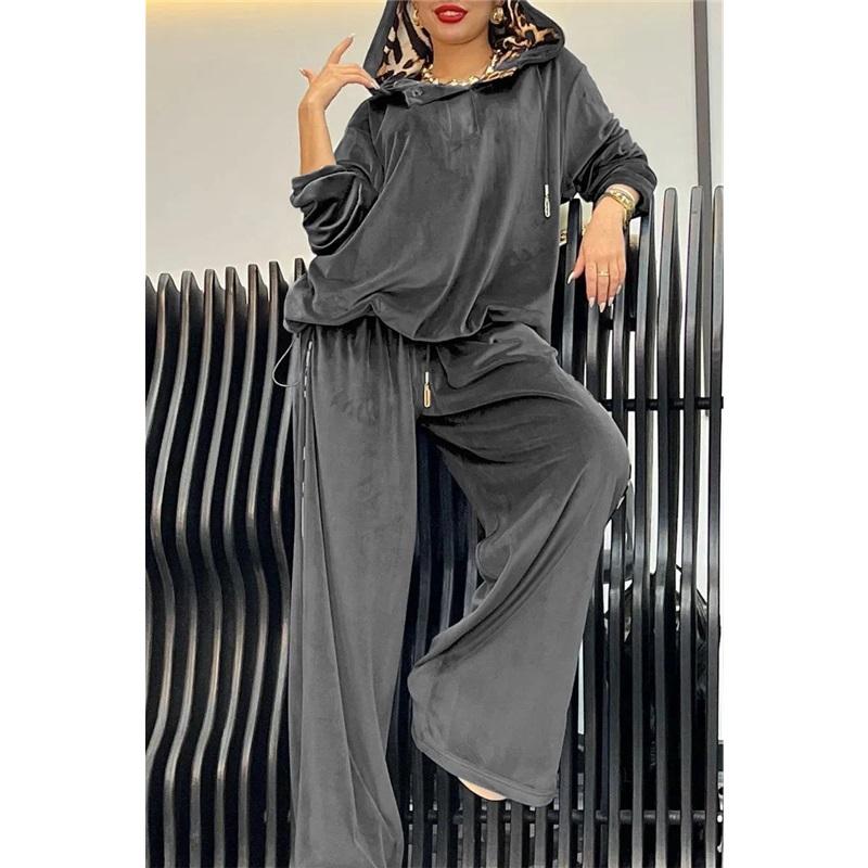 Women's 2 Piece Velour Tracksuit Hoodie Top & Wide Leg Pants Casual Loungewear Set