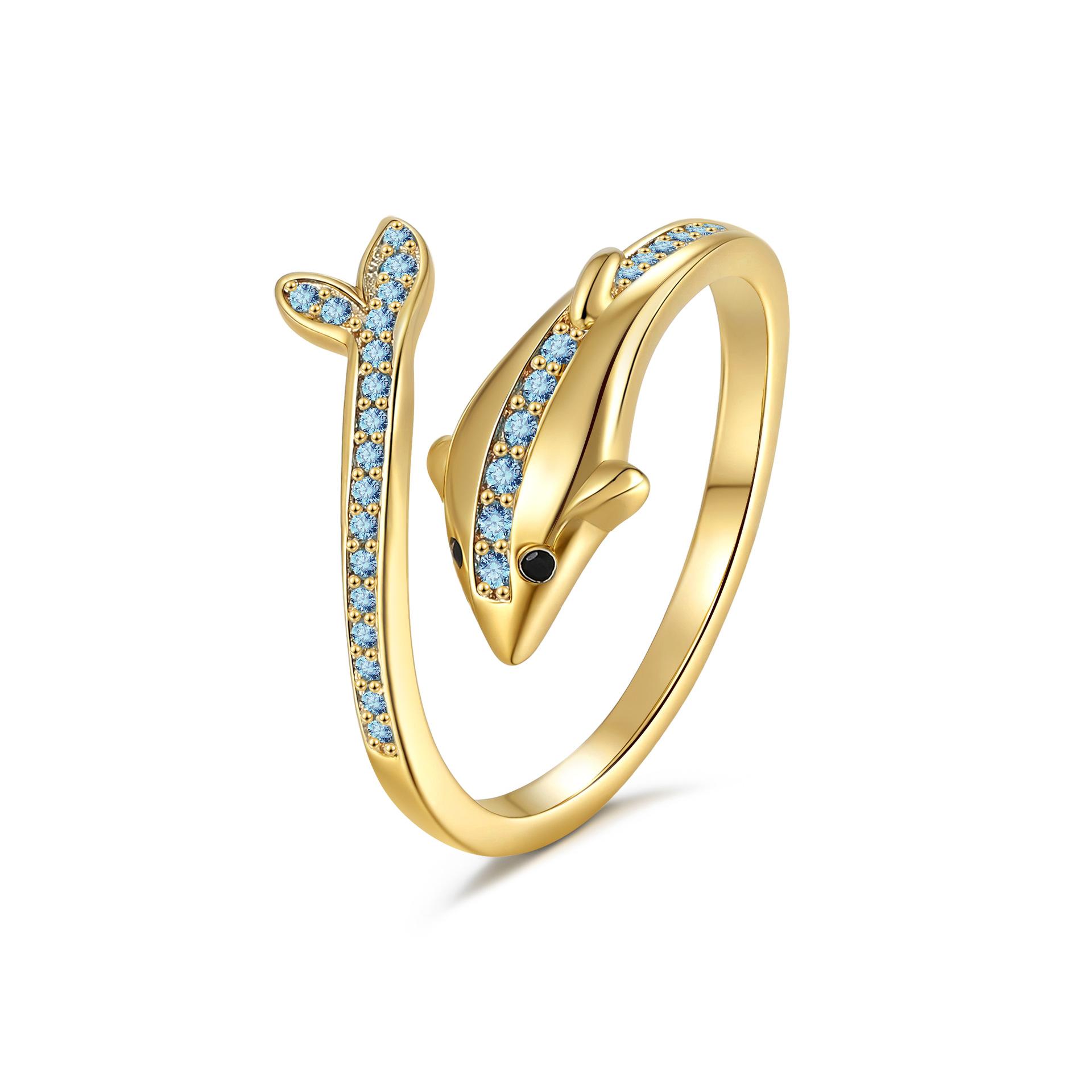 2026 Модное Универсальное Элегантное Синий Дельфин Открытое Кольцо Алмаз Циркон Регулируемое Кольцо Женское Resizable