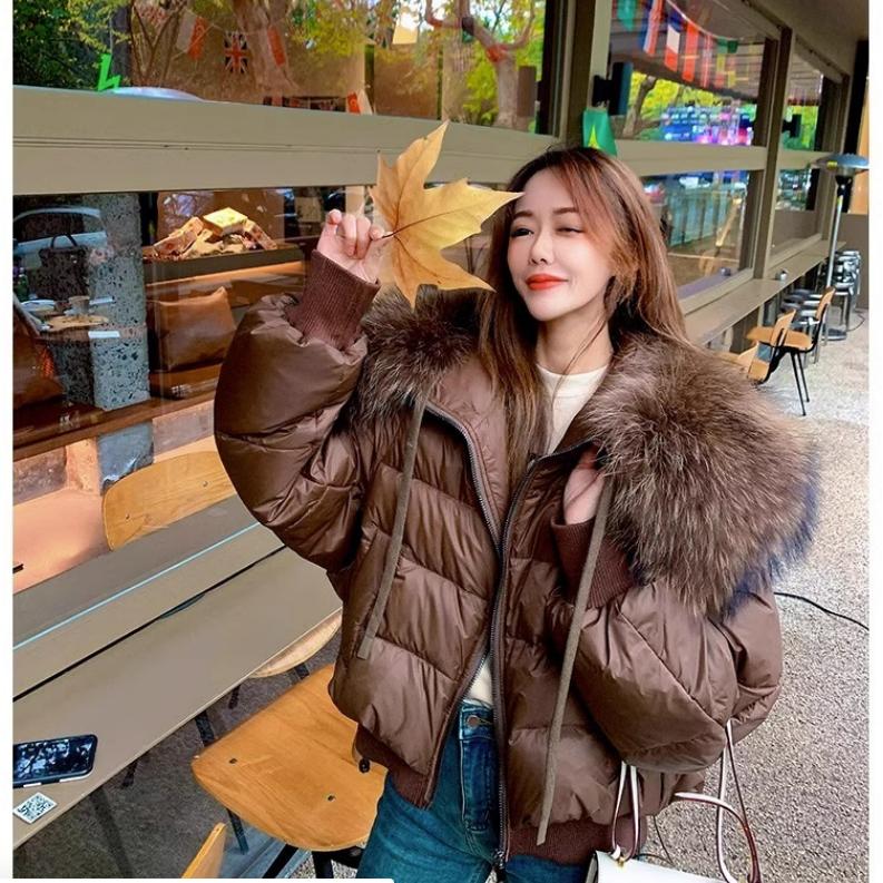 Solid Color Loose Jacket, Down Jacket, Cotton-padded Jacket, Women's Autumn and Winter Design, Big Fur Collar, Short Bread Jacket