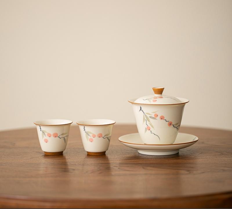 150ml Hand-painted Persimmon Bamboo Cover Bowl Household Anti Scald Gaiwan Handmade Tea Tureen Tea Making Tea Cup Tea Items