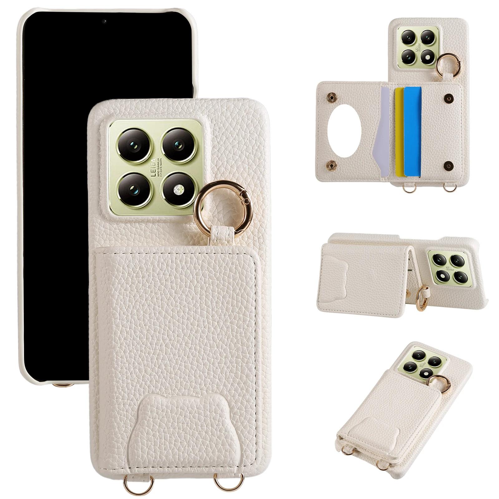 

Кошелек-сумка через плечо с отделениями для карт, кожаный чехол для Xiaomi Redmi Note 13 Pro Plus 12 14T 14C 13T 13C POCO X6, чехол с зеркальным держателем-кольцом For Xiaomi 14Ultra белый