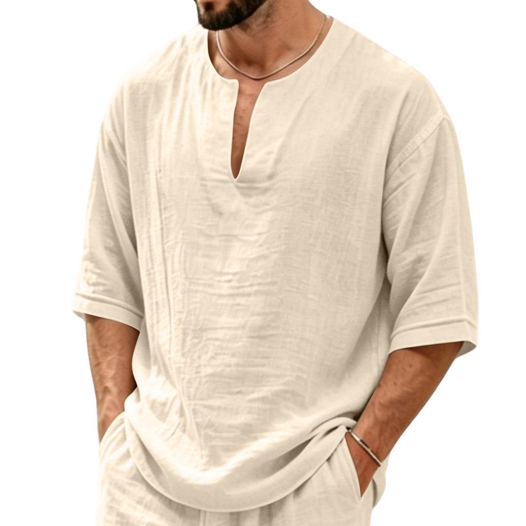 Camisa Casual de Lino para Hombre, Cuello en V, Manga Media, Corte Holgado, Tejido Ligero y Transpirable, Top de Verano