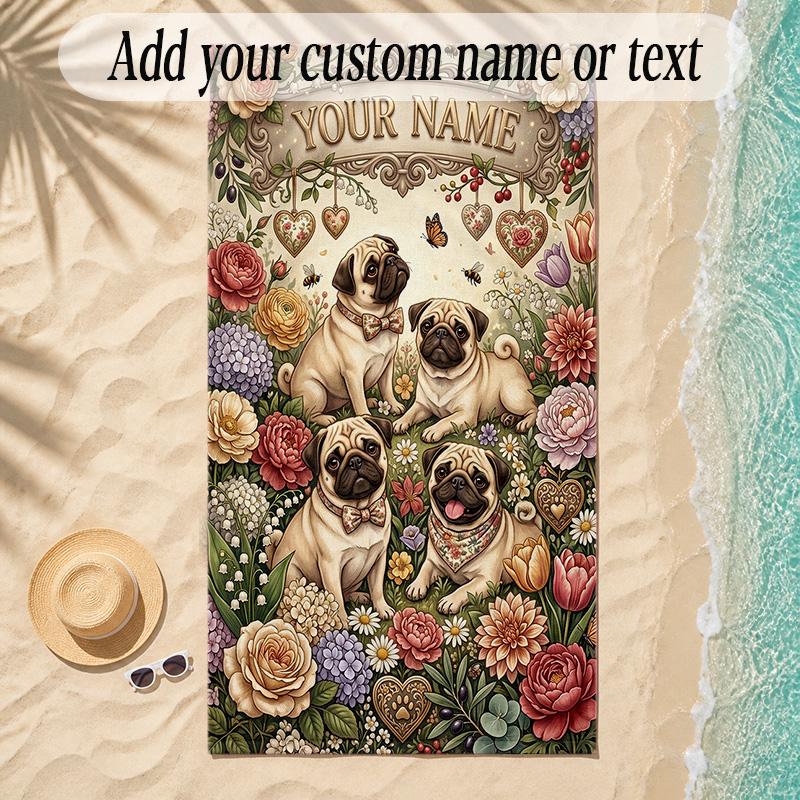Pug Theme Soft Beach Towel Personalized Custom Name Text Towel Portable for Beach Pool Travel
