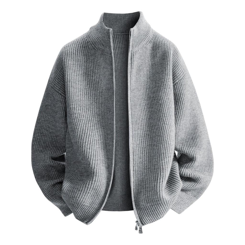 Men's Stand Collar Knitted Cardigan Sweater - Winter Trend, Loose Fit, Solid Color, Zipper Closure
