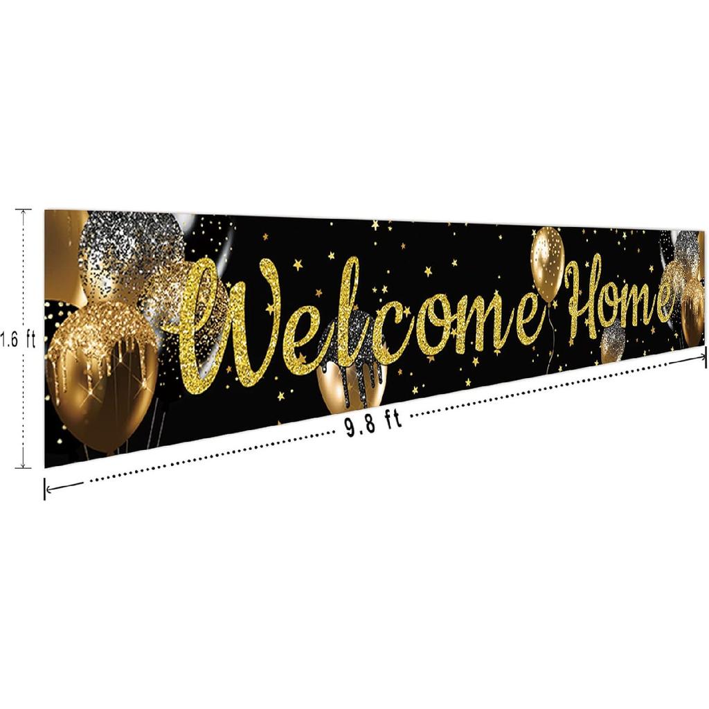 Large Welcome Home Banner, Black Gold Welcome Home Party Supplies Decoration, Family Gathering Party Supplies Decoration (9.8 X 1.6 Feet)