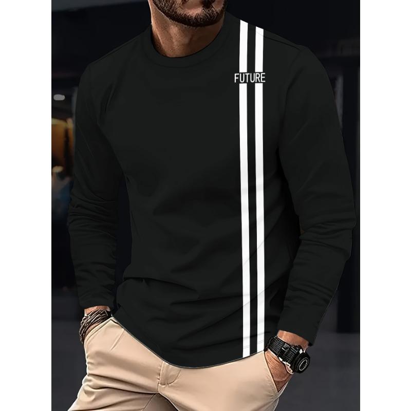 Men's Novelty Striped Long Sleeve T-Shirt - Suitable for -Casual & Formal Wear, Striped Round Neck Blouse Style Shirt, Machine Washable