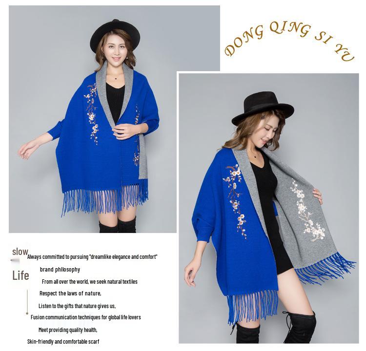 Korean Style Embroidered Shawl Cape: Versatile Knit Scarf for All Seasons